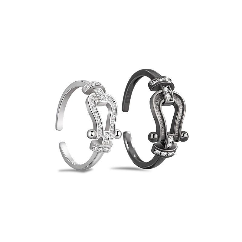 Horseshoe Buckle Sterling Silver 925 Couple Ring Fashion Versatile Zircon Navigation Buckle Ring Ins Style Double Ring Pair Ring