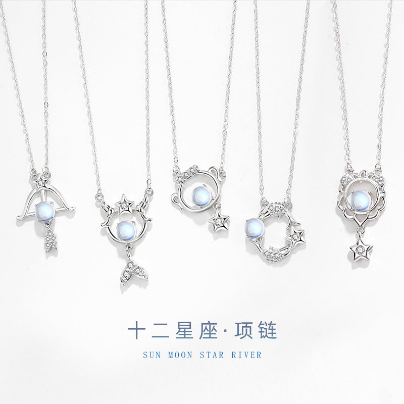 Twelve Constellation Sterling Silver 925 Necklace Female Niche Design Light Luxury Star Qixi Festival Dream Moonstone Pendant