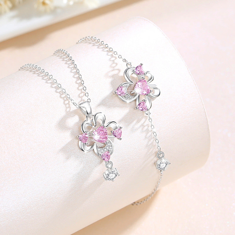 Flower Sterling Silver 925 Necklace Female Niche Design Light Luxury Tassel Clavicle Chain Get Things Ins Pink Love Pendant