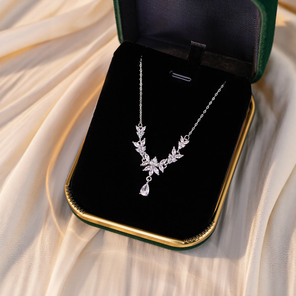 S925 Silver Platinum-Plated Olive Branch V-Shaped Necklace Water Drop Zircon Clavicle Chain Light Luxury Commuter Live Broadcast Hot Goods
