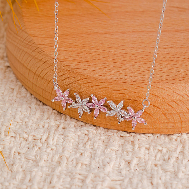 INS Style S925 Sterling Silver Necklace Bracelet Female Pink Zirconium Flower Set Niche Light Luxury Gift for Girlfriend Valentine's Day Gift