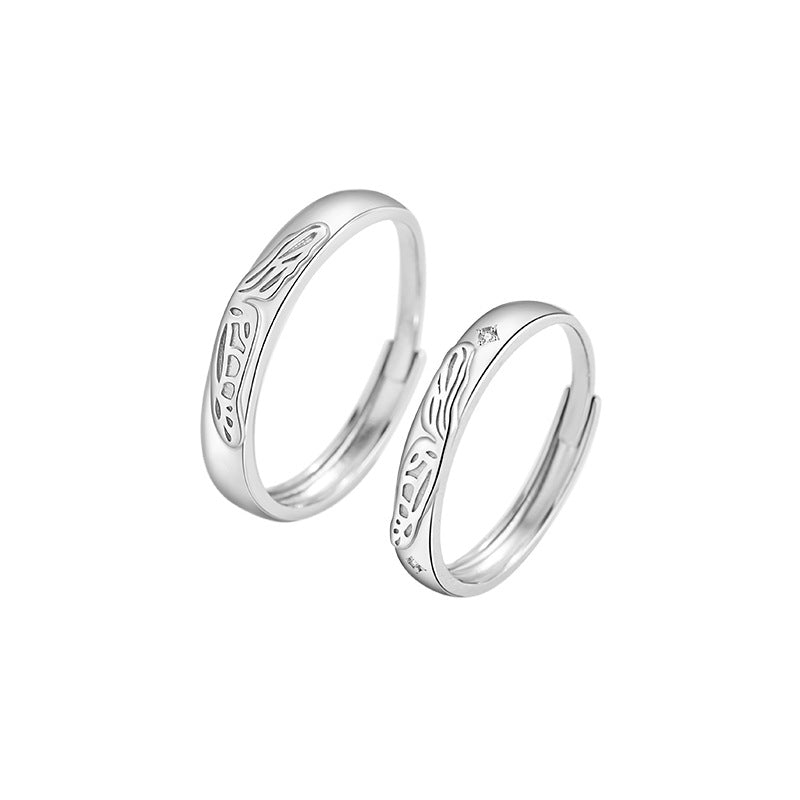 Butterfly Pure Silver S999 Couple Ring Light Luxury High-Grade Angel Wings Plain Ring Valentine's Day Gift Wings Pair Ring