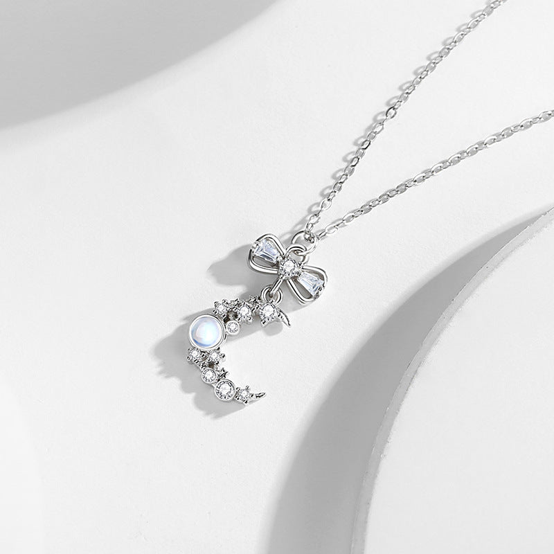 Moon Sterling Silver 925 Necklace Women's Niche Design Light Luxury Bow Clavicle Chain Zircon Moonstone Pendant