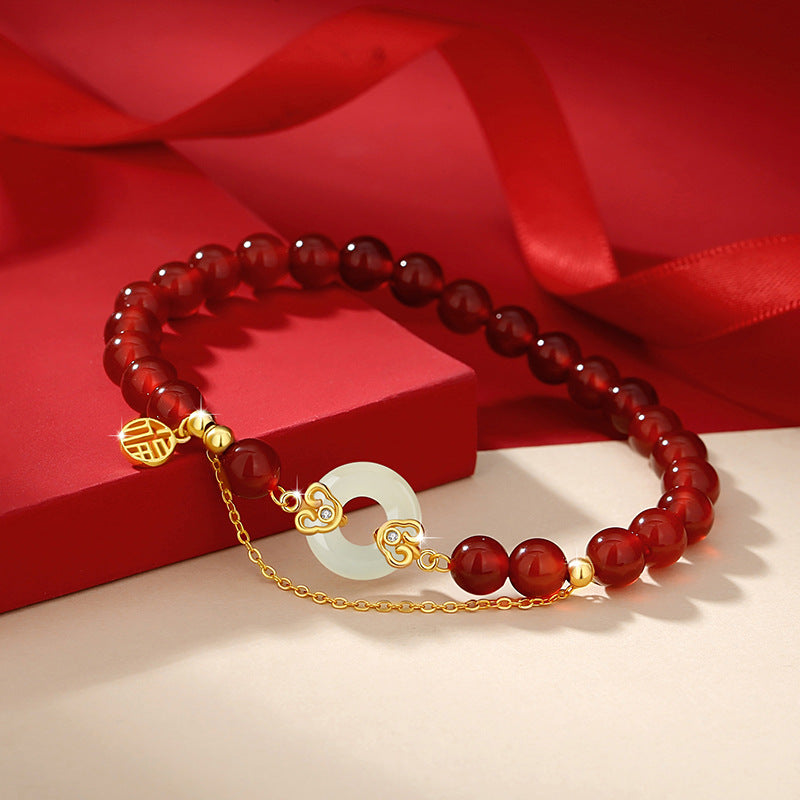 Xiangyun Hetian Jade Sterling Silver 925 Bracelet Women's Light Luxury Lucky Brand Red Agate Bracelet Ins Style Safety Buckle Bracelet
