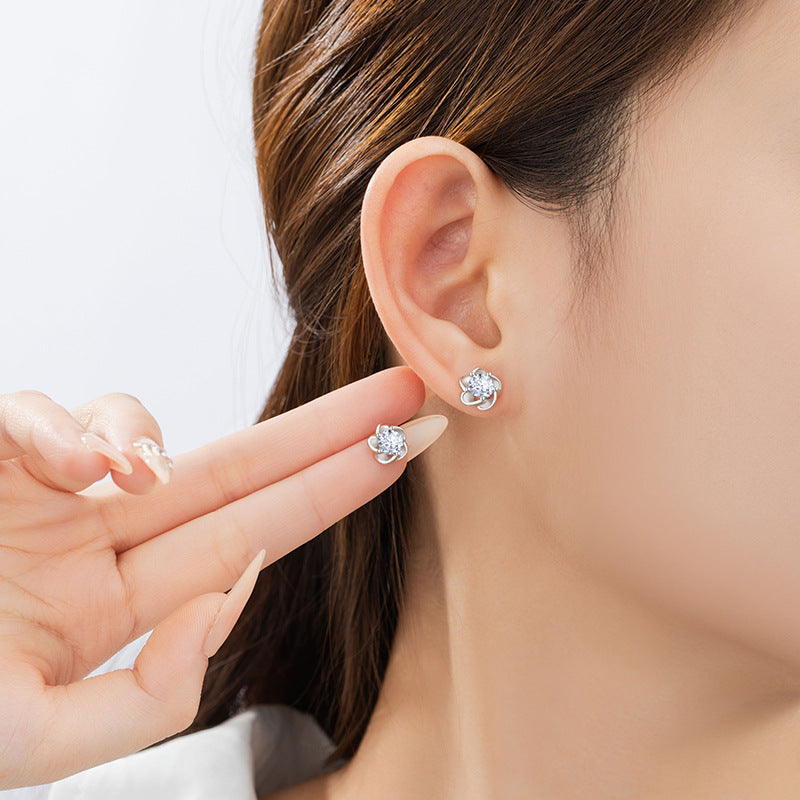 Cherry Blossom Sterling Silver 925 Stud Earrings Female Niche Design Light Luxury Flower Earrings Ins Style Small Peach Blossom Zircon Earrings
