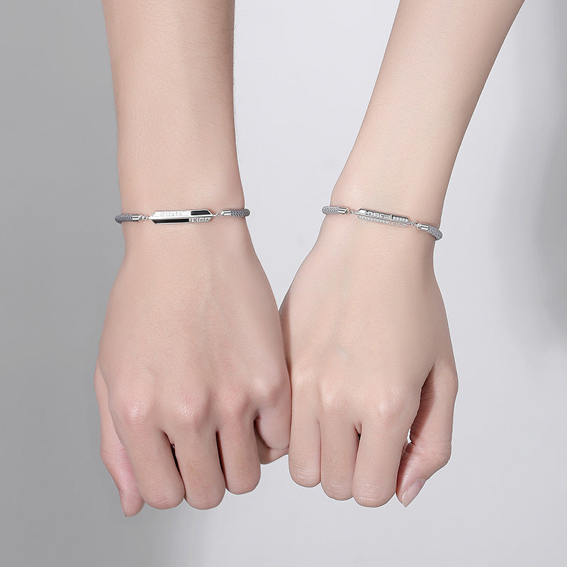 Love Mark Couple Bracelet Gray Rope S925 Sterling Silver Men's and Women's Couple Bracelet Light Luxury Niche Valentine's Day Gift