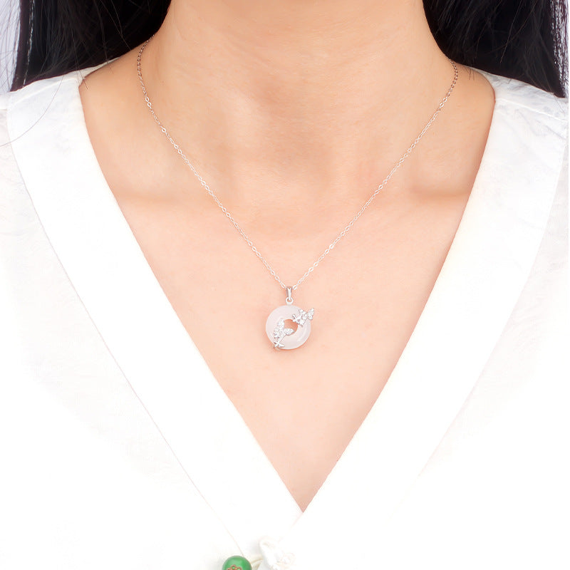 Butterfly Safety Buckle S925 Sterling Silver Necklace for Women New Chinese Style Chalcedony Silver Jewelry Niche Design Sense Commuter All-Matching