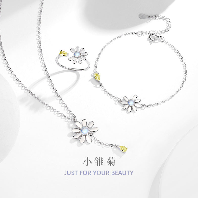 Daisy Sterling Silver 925 Necklace Set Female Niche Design Light Luxury Sunflower Bracelet Ins Glass Stone Ring