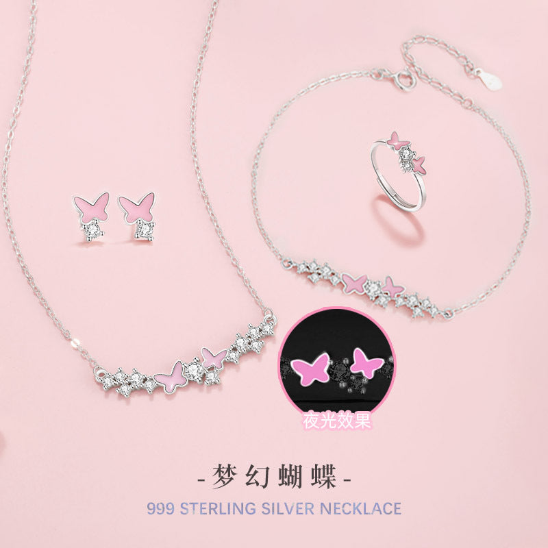 Butterfly Pure Silver 999 Luminous Necklace Female Niche Design Light Luxury Zircon Clavicle Chain Ins Style Star Pendant