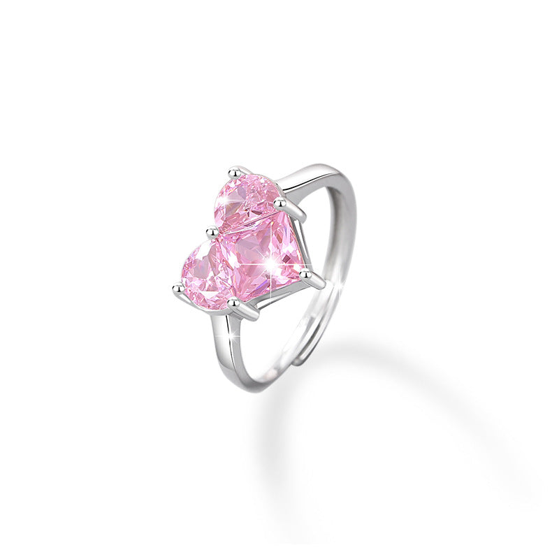 Lovely Sterling Silver 925 Ring Female Niche Design Light Luxury Pink Diamond Ring Thing Ins Style Heart-Shaped Zircon Ring