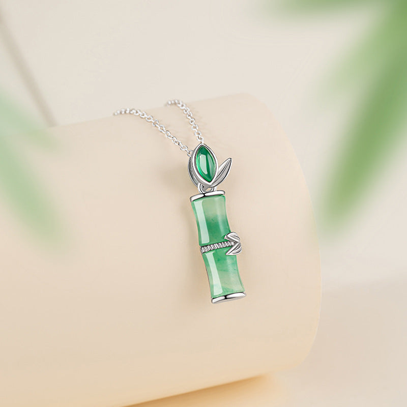 Bamboo Sterling Silver 925 Necklace Women's New Chinese Style National Fashion Natural African Emerald Clavicle Chain High-Rise Chalcedony Pendant