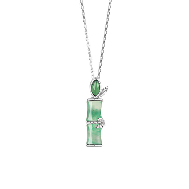 Bamboo Sterling Silver 925 Necklace Women's New Chinese Style National Fashion Natural African Emerald Clavicle Chain High-Rise Chalcedony Pendant