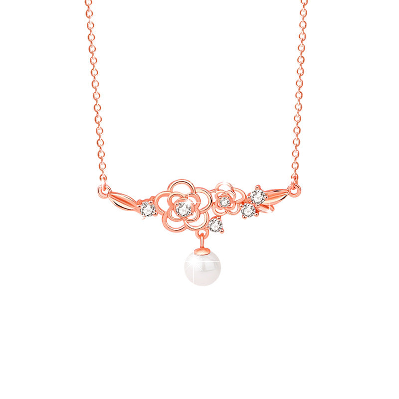 Cherry Blossom Sterling Silver 925 Necklace Female Niche Design Light Luxury Flower Clavicle Chain Ins Style Zircon Pearl Pendant