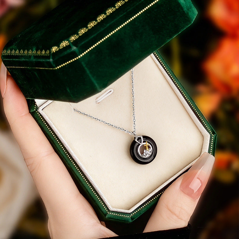 Princess and Knight Couple's S925 Sterling Silver Necklace Bracelet Set Black and White Agate Safety Buckle Silver Jewelry Gift for Women