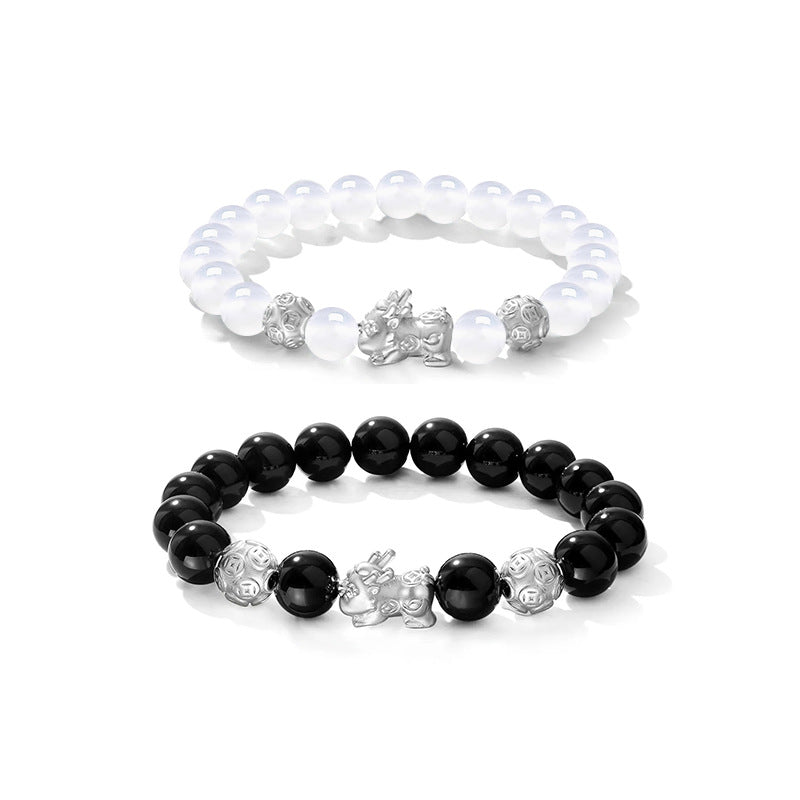 Pure Silver 999 Couple Bracelet New Chinese Style Trendy White Agate Lucky Beads Bracelet Ins Style Copper Coin Bracelet