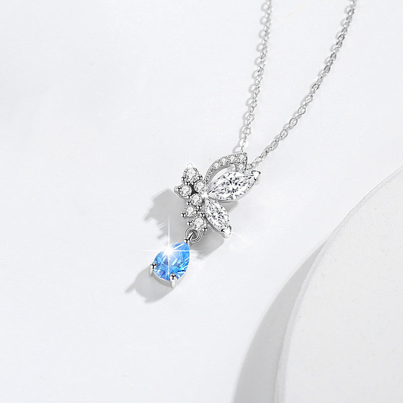 Butterfly Sterling Silver 925 Necklace Female Niche Design Light Luxury Water Drop Clavicle Chain Get Things Ins Style Zircon Pendant