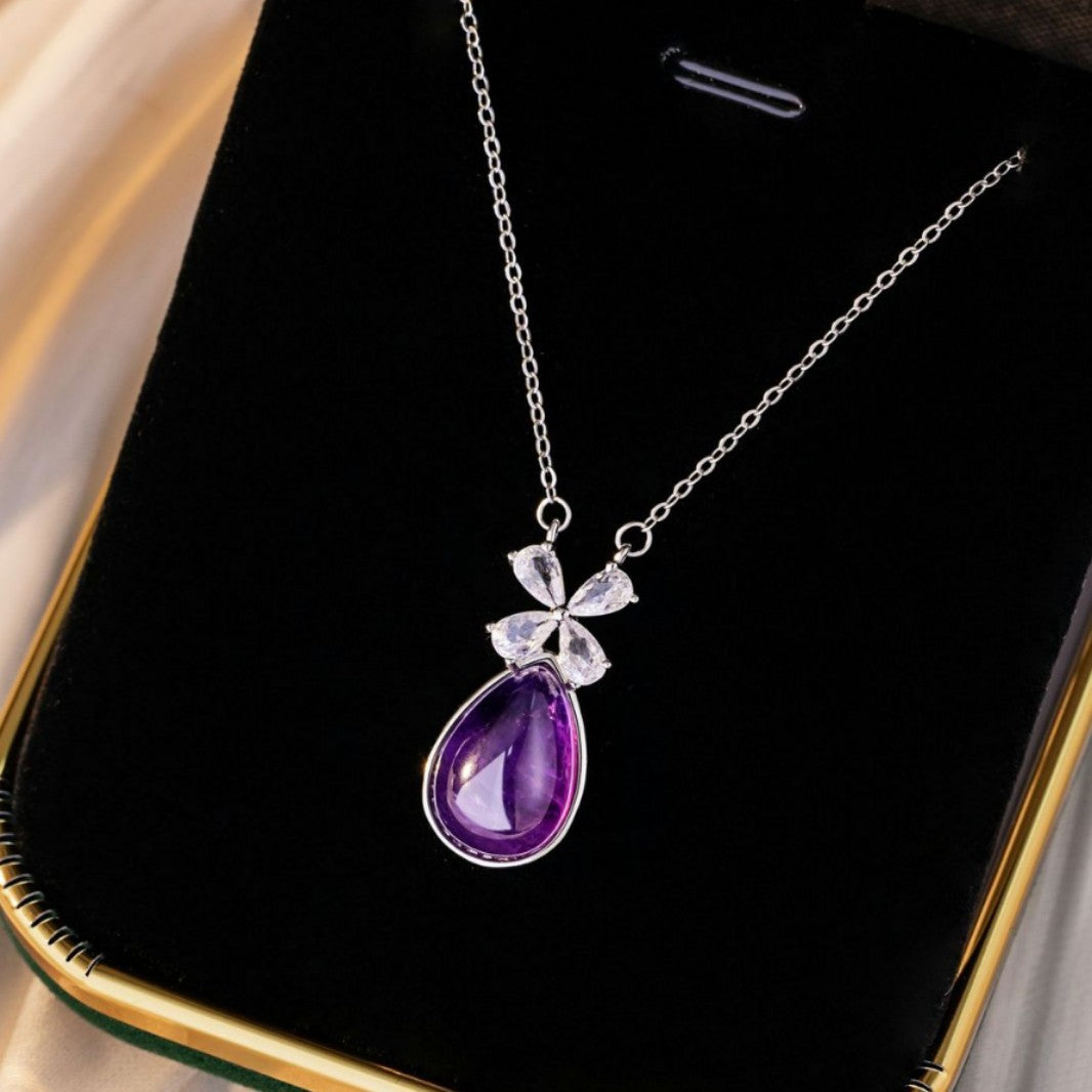 Lucky Clover Sterling Silver 925 Necklace Women's Light Luxury High-Grade Natural Amethyst Clavicle Chain Ins Flower Pendant