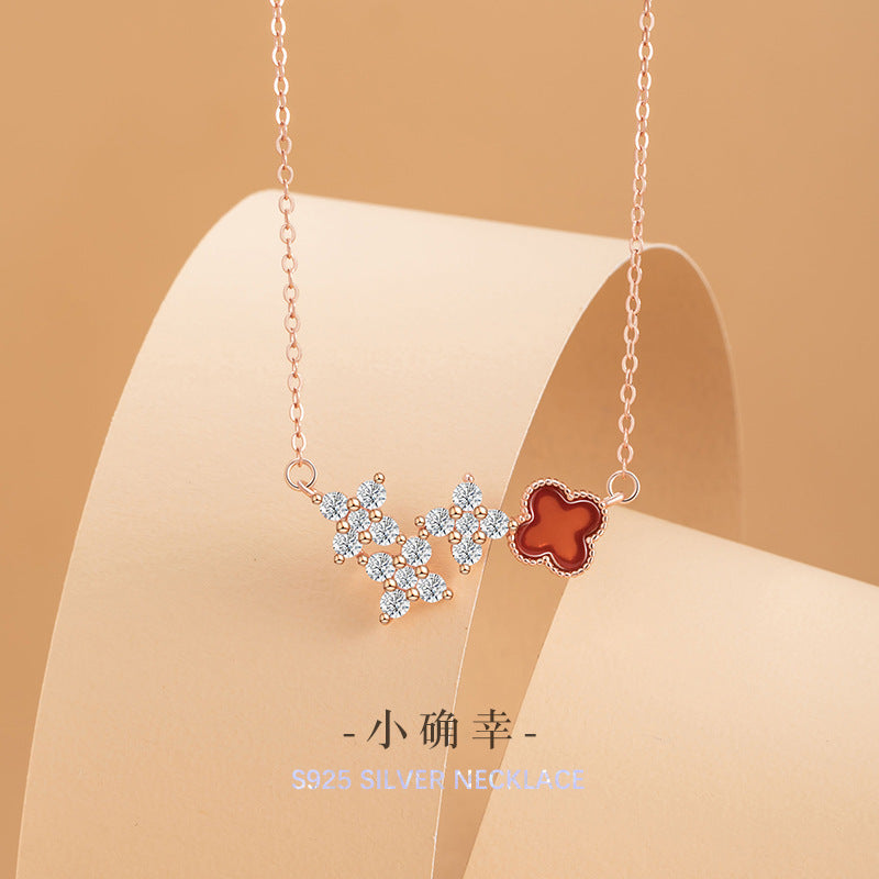 Lucky Clover Sterling Silver 925 Necklace Women's Fashion Versatile Red Agate Clavicle Chain Ins Style Flower Pendant