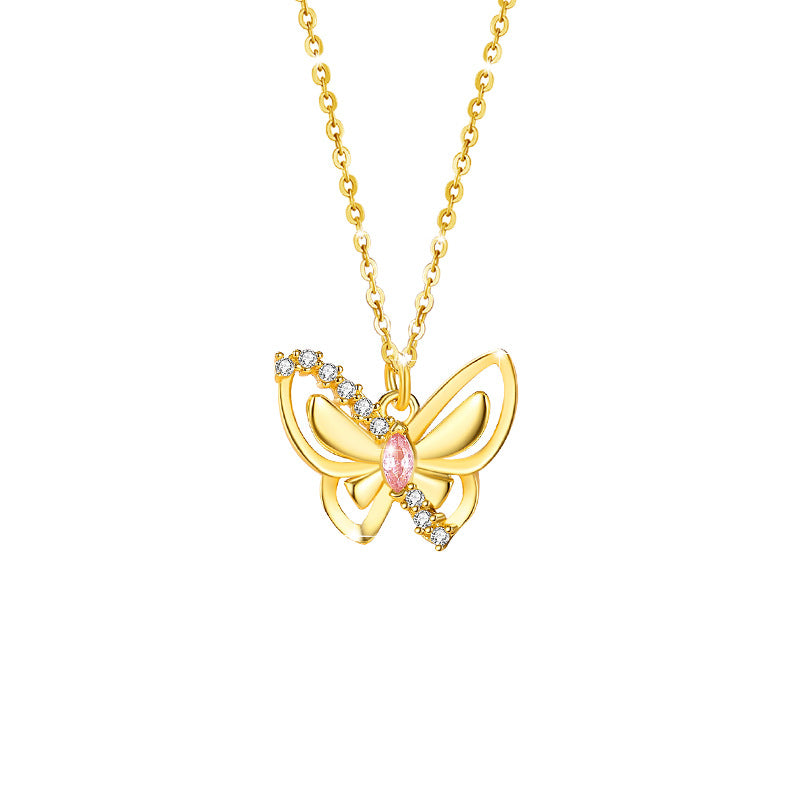 Butterfly Sterling Silver 925 Necklace Female Niche Design Light Luxury Pink Diamond Clavicle Chain Get Things Ins Style Wings Pendant