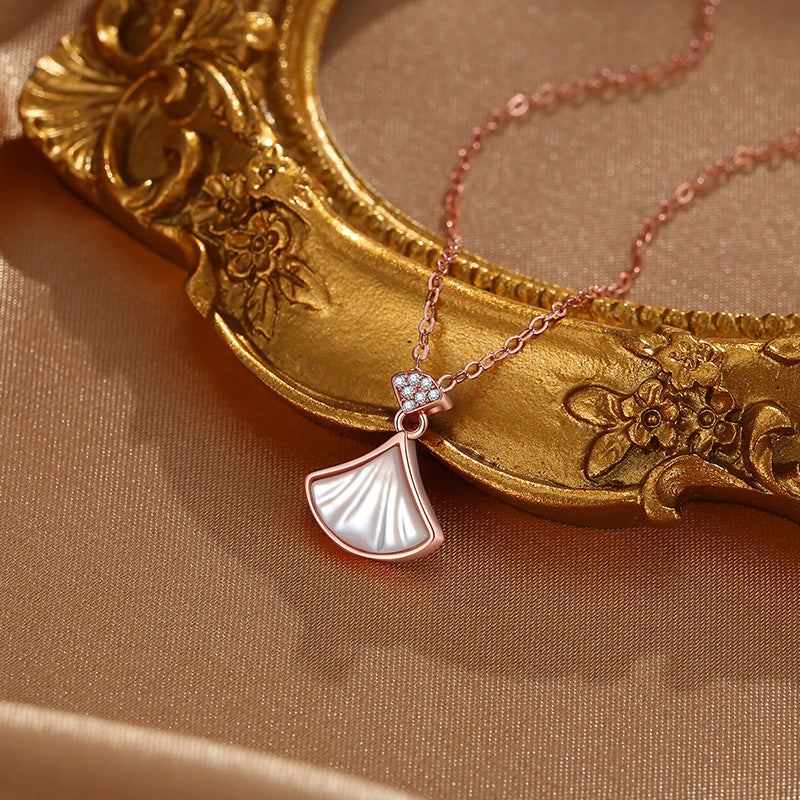 Small Skirt Sterling Silver 925 Necklace Female Niche Design Light Luxury White Fritillary Fan Clavicle Chain Zircon Shell Pendant
