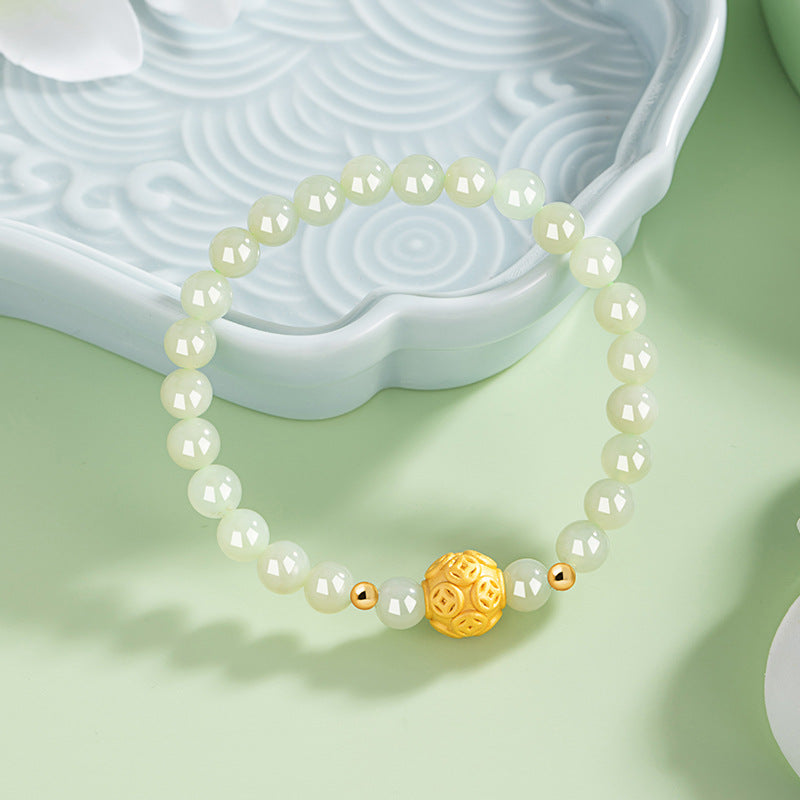 Copper Coin Sterling Silver 925 Hetian Jade Bracelet Female New Chinese National Fashion Lucky Beads Bracelet Ins Style Mother's Day Bracelet