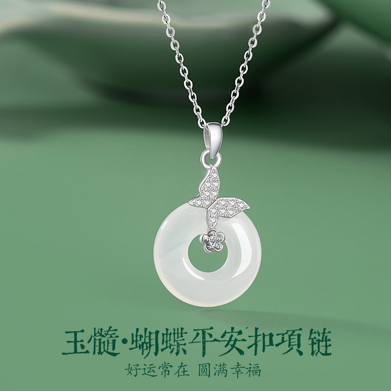 Butterfly Sterling Silver 925 Chalcedony Necklace Women's Fashion Versatile Safety Buckle Clavicle Chain Ins Style Flower Zircon Pendant