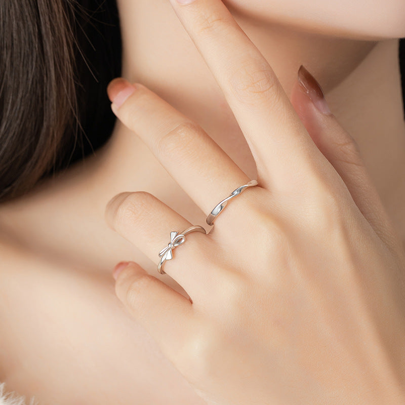 Mobius Pure Silver 999 Couple Ring Men's and Women's Simple Niche Open Ring Ins Style Bow Ring
