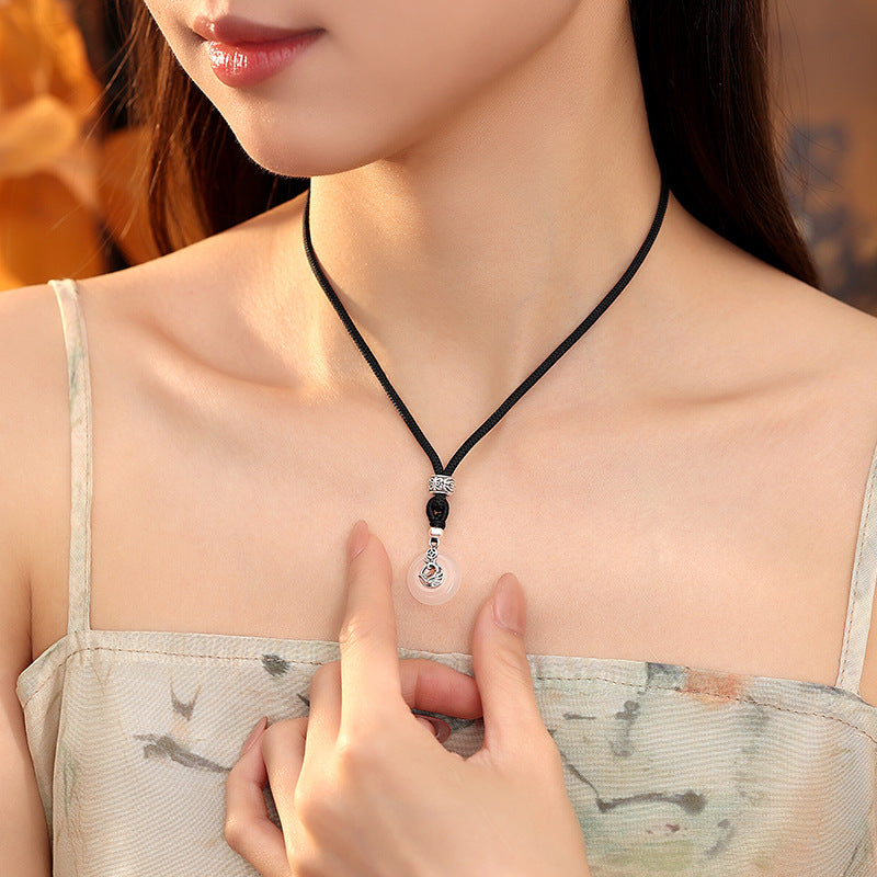 S925 Silver Necklace Longfeng Chengxiang Couple Safety Buckle Black Agate White Chalcedony Pendant Qixi Love Token Gift