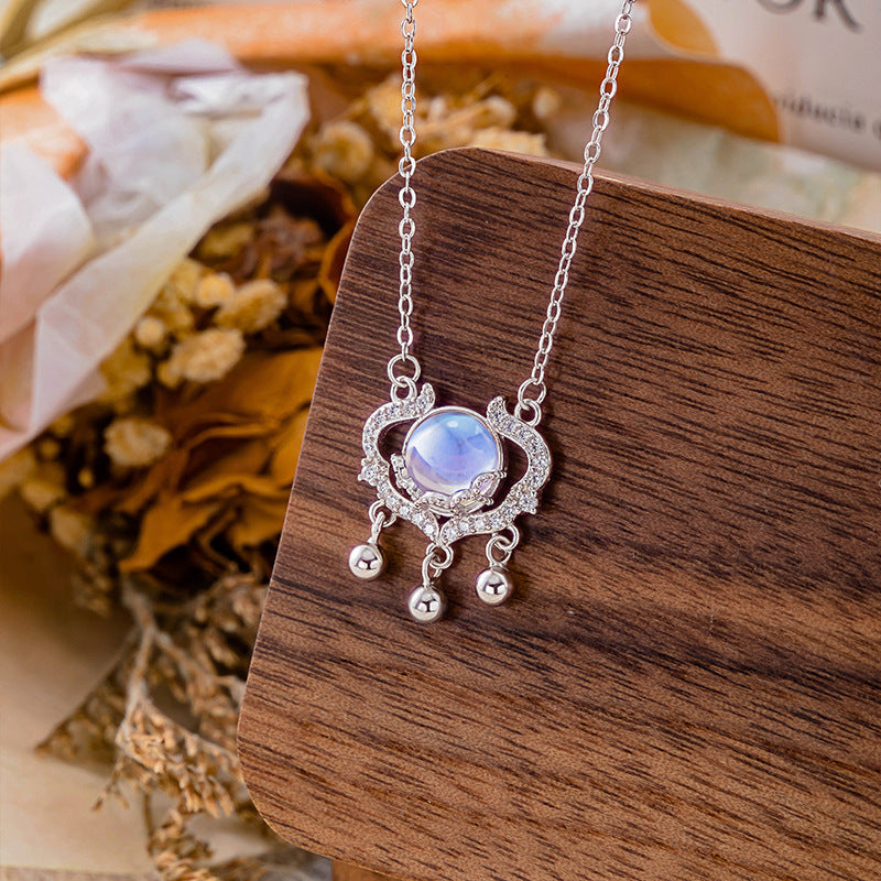 S925 Sterling Silver Moonstone Safety Lock Necklace Women's National Style Niche Design Clavicle Chain Light Luxury All-Match Silver Jewelry Wholesale