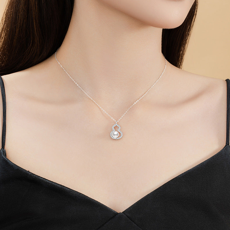 Fu Lu Double Full Sterling Silver 925 Necklace Women's Light Luxury High-Grade Natural Freshwater Pearl Clavicle Chain Ins Gourd Pendant