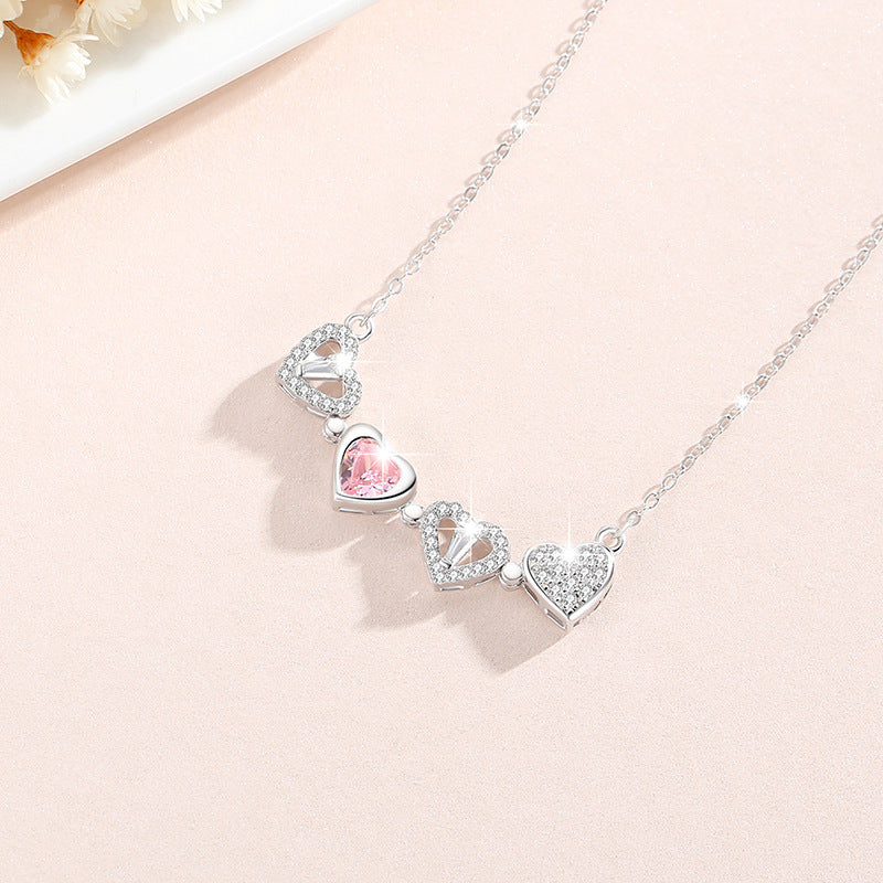 Lovely Magnetic Sterling Silver 925 Necklace Light Luxury Pink Zircon Clavicle Chain One Two-Piece Lucky Clover Pendant