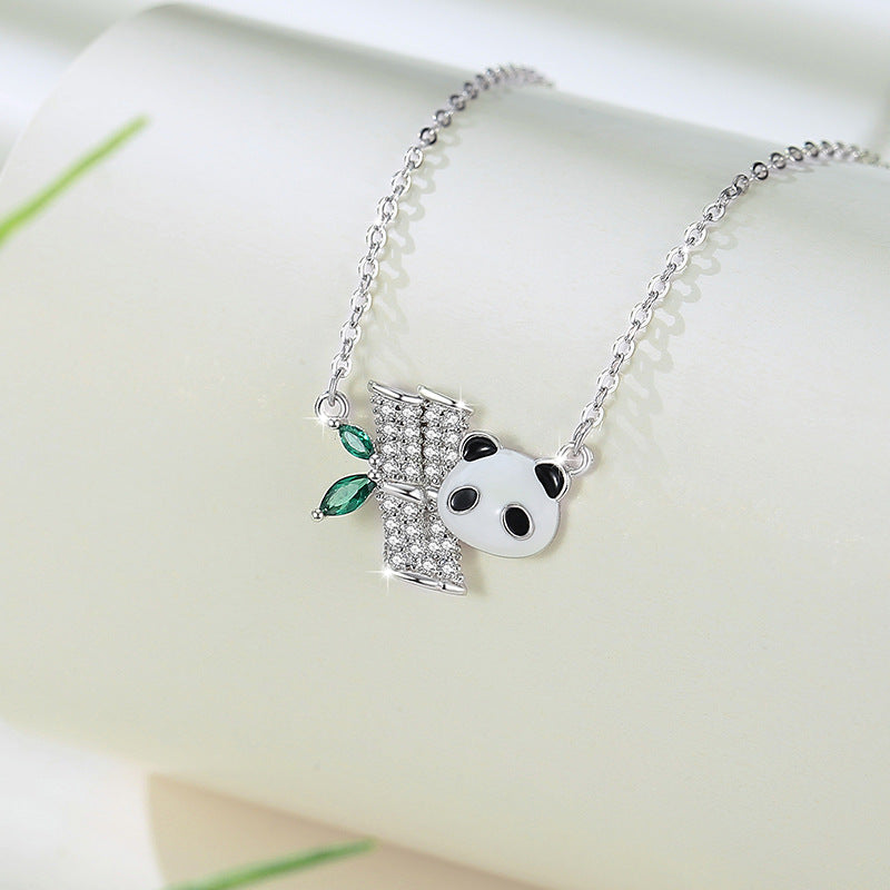 Panda Sterling Silver 925 Necklace Female Niche Design Light Luxury Zircon Clavicle Chain Get Things Ins Style Bamboo Pendant