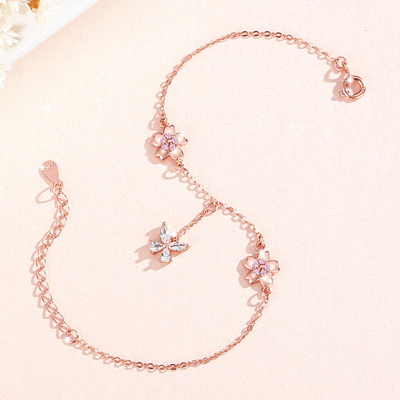 Butterfly Sterling Silver 925 Bracelet Female Niche Design Light Luxury Zircon Tassel Bracelet for INS Style Cherry Blossom Bracelet