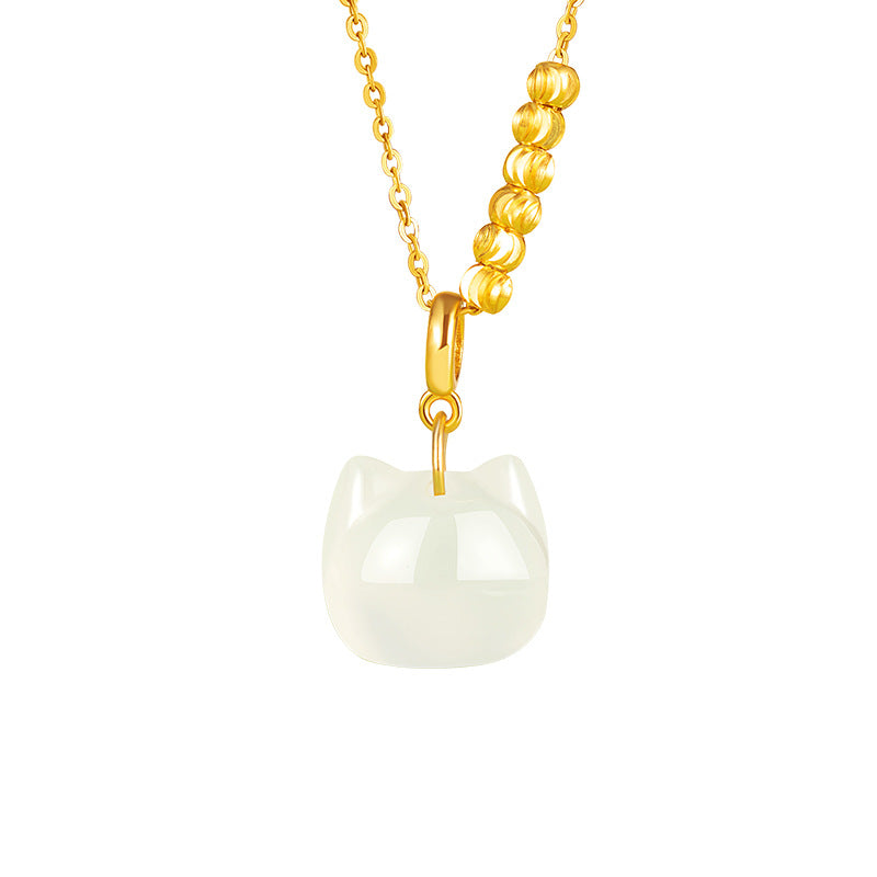 Lucky Beads Lucky Kitten White Chalcedony Pendant S925 Silver Necklace Female Popular Mori Niche Clavicle Chain Gift Female
