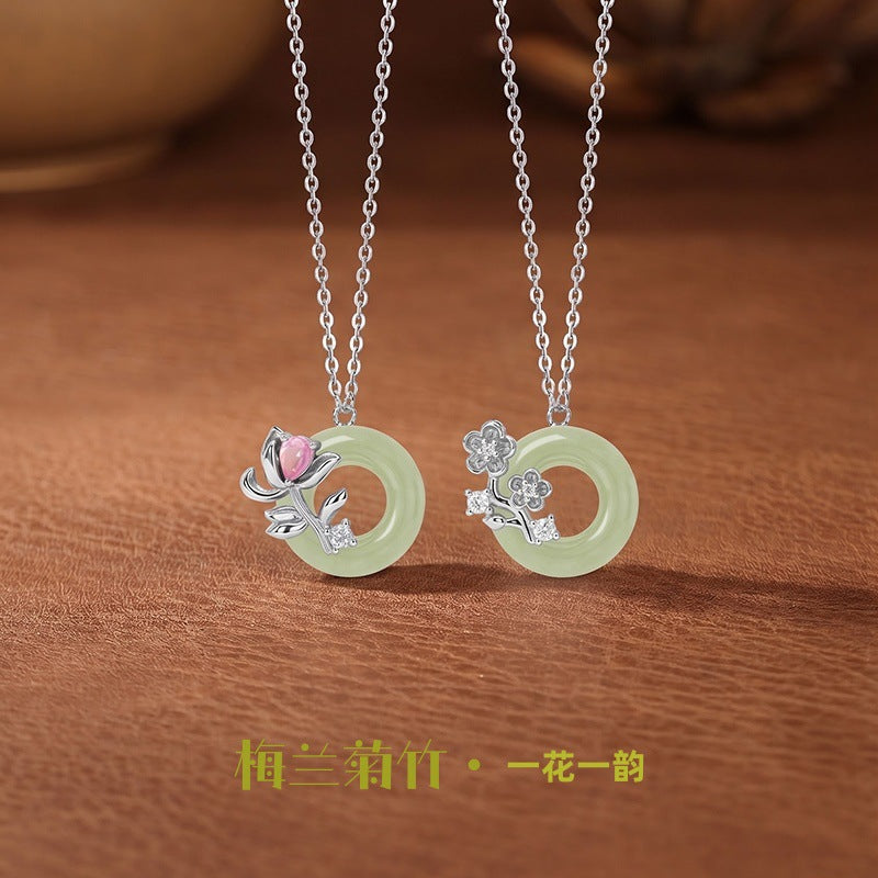 National Style Meilan Chrysanthemum Bamboo S925 Sterling Silver Hetian Jade Peace Buckle Necklace New Chinese Jade Pendant Niche Chain Clavicle
