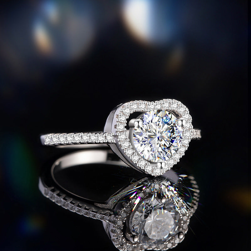 Heart-Shaped Sterling Silver 925 Diamond Ring Women's Light Luxury High-Grade Wedding Proposal Ring Heart-Shaped Hollow Ring