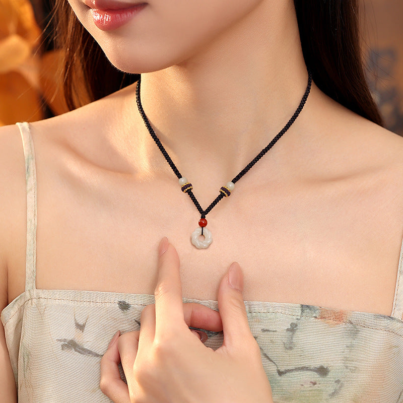 Hetian Jade Mobius Safety Buckle Gourd Braided Rope Necklace S925 Silver New Chinese Jade Pendant Unisex