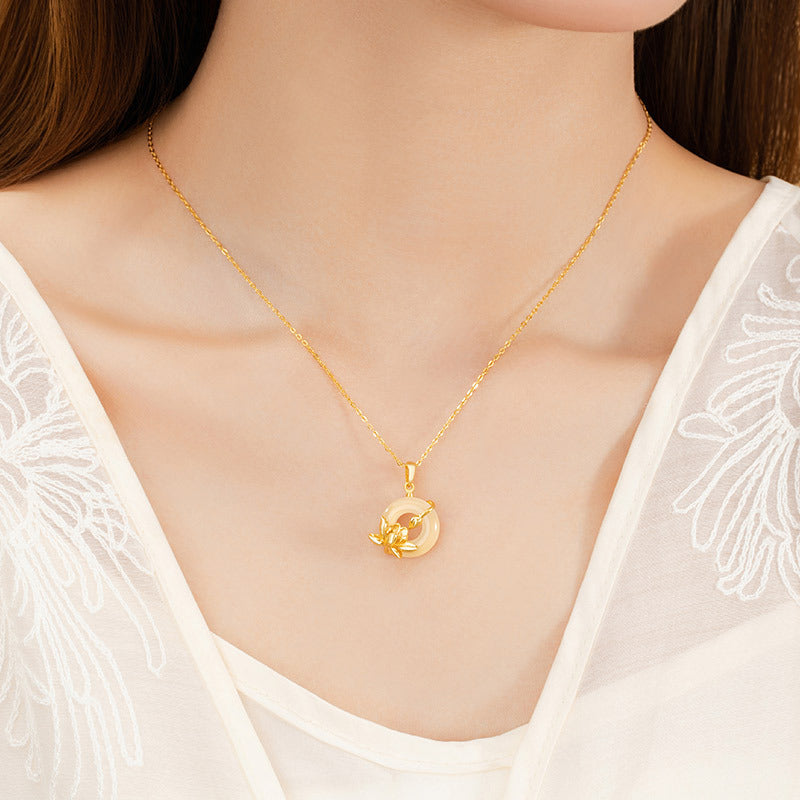 Lotus Pure Silver 999 Chalcedony Necklace Female New Chinese National Fashion Safety Buckle Clavicle Chain Ins Mother's Day Gift Pendant