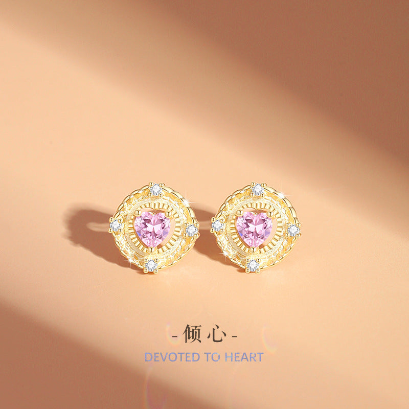 Original Heart-Shaped Sterling Silver 925 Stud Earrings Women's Light Luxury High-Grade Pink Zircon Earrings Ins Style Heart-Shaped Earrings