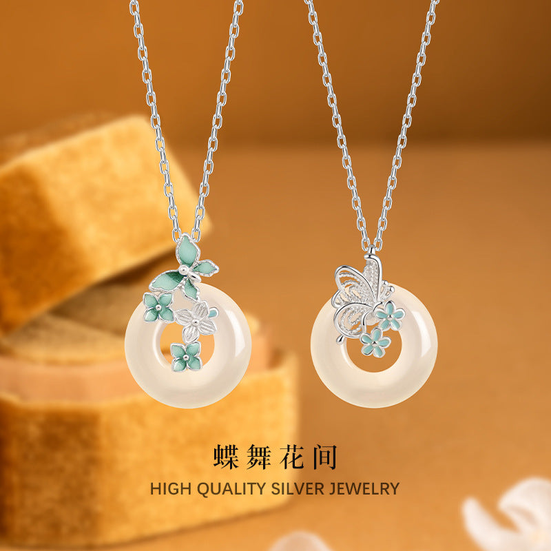 S925 Sterling Silver Enamel Craft Butterfly Safety Buckle Pendant National Fashion White Chalcedony Clavicle Chain Gift for Mom and Girlfriend