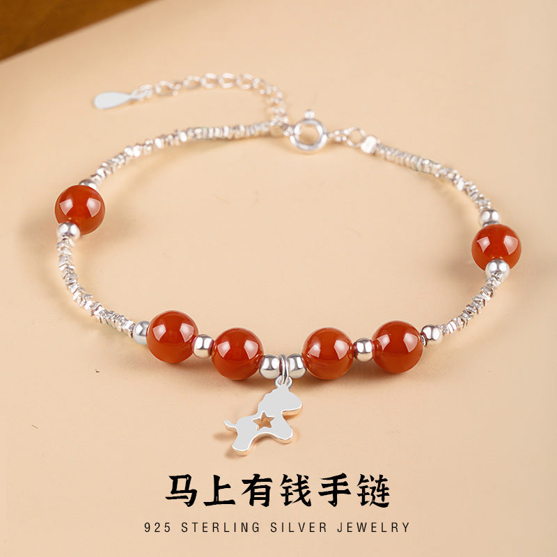 Immediately Rich Flower Sterling Silver 925 Bracelet Women's Light Luxury Red Agate Birth Year Bracelet Ins Style Zodiac Horse Bracelet