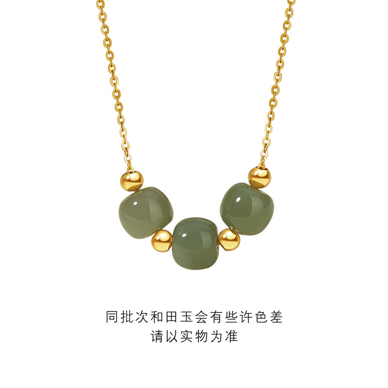 Original Sansheng Sanshi Sterling Silver 925 Hetian Jade Necklace Women's New Chinese National Fashion Clavicle Chain Ins Style round Bead Pendant