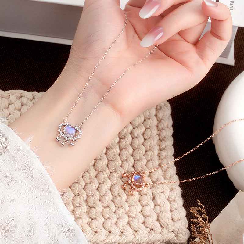 S925 Sterling Silver Moonstone Safety Lock Necklace Women's National Style Niche Design Clavicle Chain Light Luxury All-Match Silver Jewelry Wholesale