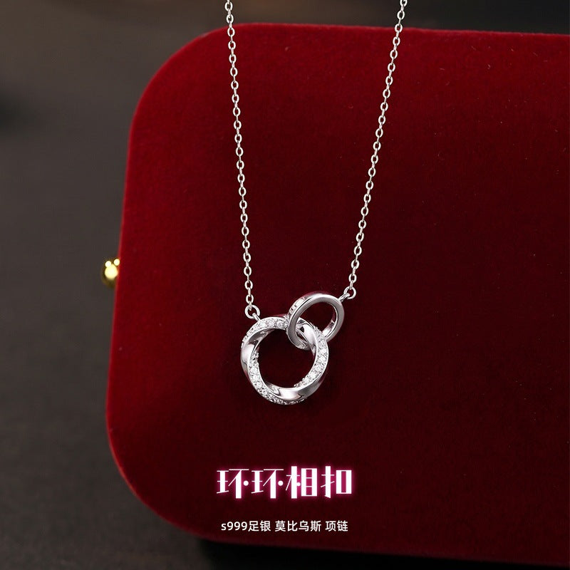 Ring Buckle Pure Silver 999 Necklace Niche Light Luxury High-Grade Zircon Clavicle Chain Ins Mobius Ring Pendant