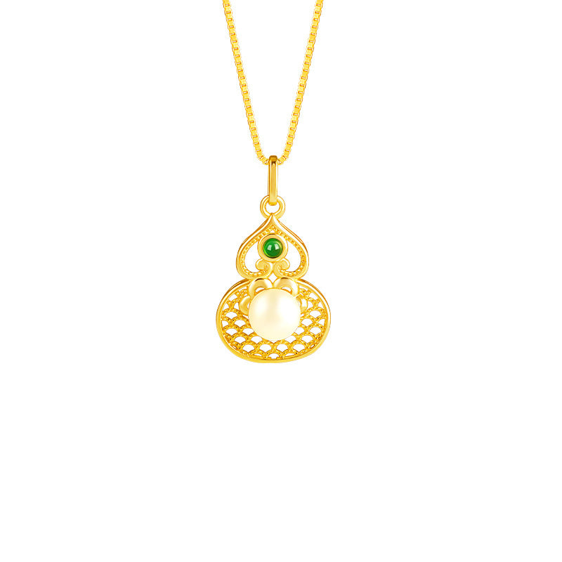 S925 Silver Plated 18K Gold New Chinese Pearl Necklace National Style Hollow Green Chalcedony Pendant Gift for Mother Wholesale