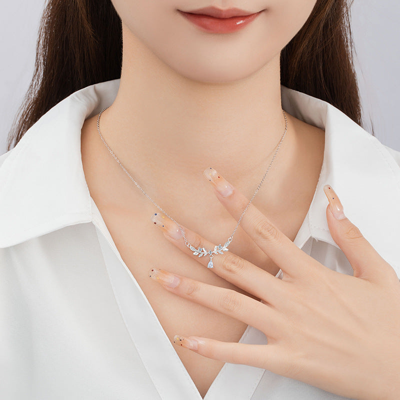 Laurel Goddess Pure Silver 999 Necklace Female Niche Design Light Luxury Zircon Clavicle Chain Ins Style Wheat Ear Pendant