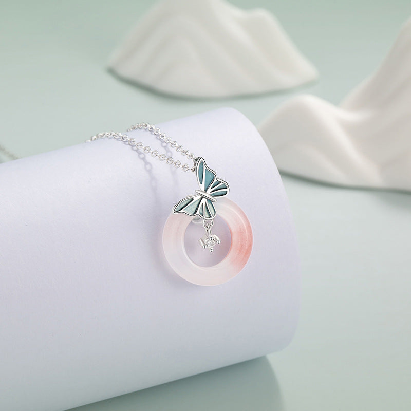 Butterfly Luminous Sterling Silver 925 Necklace Light Luxury High-Grade Salt Source Agate Clavicle Chain Ins Style Safety Buckle Pendant