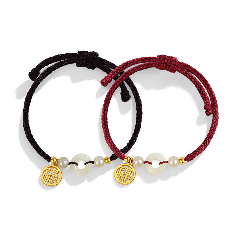 Peace Buckle Hetian Jade Sterling Silver 925 Couple Braided Rope Bracelet Men's and Women's Ins Style Lucky Bracelet