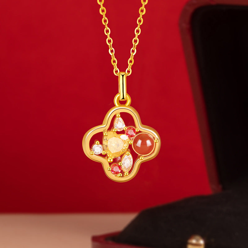 Original S925 Sterling Silver Clover Necklace Female Inlaid Red Agate Magic Color High Sense New Chinese Good Luck Clavicle Chain