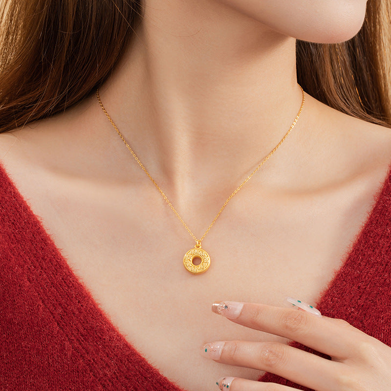 Lucky Love with Pure Silver 999 Necklace New Chinese National Fashion Copper Coin Clavicle Chain Ins Light Luxury Style Safety Buckle Pendant